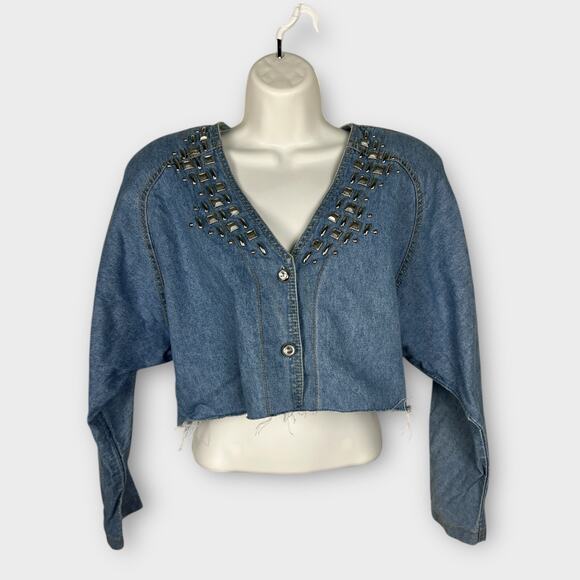 Vintage 80s Western Denim Cropped Jacket Studded Rhinestone Frayed Large - Picture 1 of 9